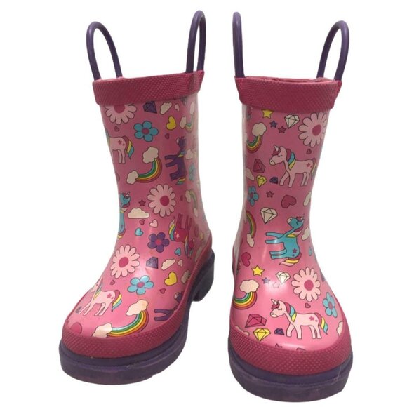 Lily and Dan Rain Boots Snow Unicorn Pink Rubber Pull Handles Little Girls 5 6 - Picture 2 of 9